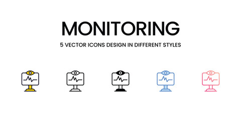 Monitoring Icon Design in Five style with Editable Stroke. Line, Solid, Flat Line, Duo Tone Color, and Color Gradient Line. Suitable for Web Page, Mobile App, UI, UX and GUI design.