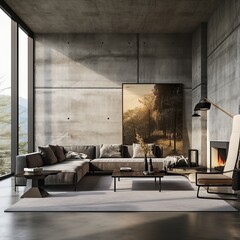 Contemporary living room with large windows offering a nature view, comfortable seating, and a modern fireplace