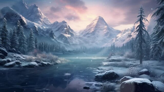 mysterious landscape of majestic mountains in winter with snowfall. Seamless looping video background animation,cartoon style. Generated with AI