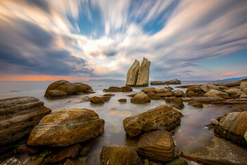 Long exposure photograph in the field of sail rocks in Foca district of Izmir province.