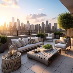 Stylish contemporary rooftop patio with snug seating and lively plants, facing skyscrapers