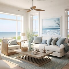 Bright coastal living room with white sofa, ocean view, beach-themed decor, and natural light