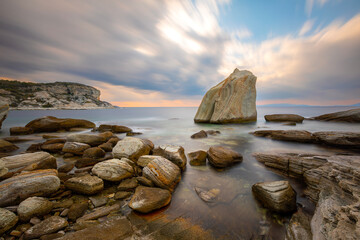 Long exposure photograph in the field of sail rocks in Foca district of Izmir province.