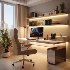 Stylish modern home office with a computer and warm ambient lighting in a sunny daytime setting