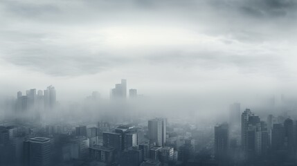 Naklejka premium a black and white photo of a city in the fog
