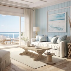 Tranquil beach house interior with soft pastel tones, comfy seating, and balcony beach view