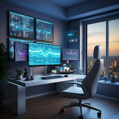 Modern trading office with multiple monitors displaying financial charts and city view