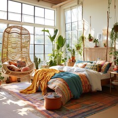 Cozy bohemian-style bedroom filled with lush indoor plants and a hanging chair, creating a relaxing...
