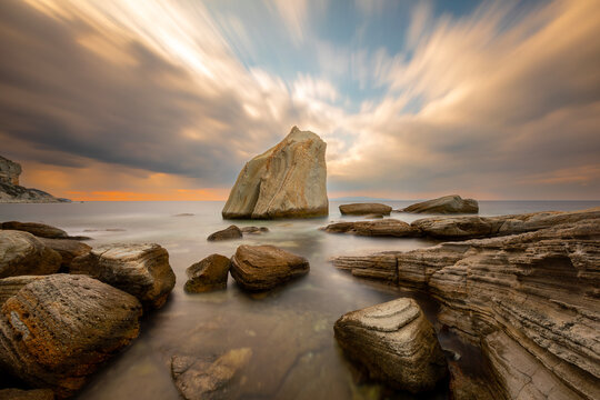Long exposure photograph in the field of sail rocks in Foca district of Izmir province.