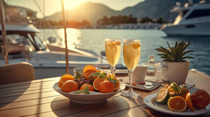 Delicious breakfast of fruits on a yacht at sea - obrazy, fototapety, plakaty