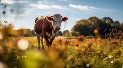 Crédence de cuisine en verre imprimé Prairie, marais a brown and white cow standing on top of a lush green field