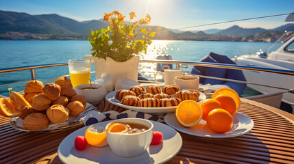 Delicious breakfast of fruits on a yacht at sea - obrazy, fototapety, plakaty