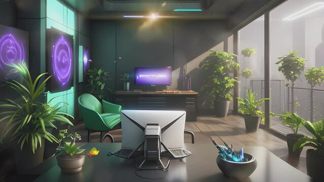 Modern work space with a computer in futuristic style with tropical plants. 3D Cartoon painting illustration style. seamless looping 4K time-lapse virtual video animation.