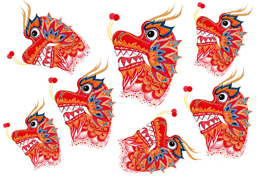 Set of portraits dragons in profile. Different sizes on white background. Traditional Chinese dragon for the New Year festival. Bright red, orange, blue colors. Dragons are stylized with an ornament.