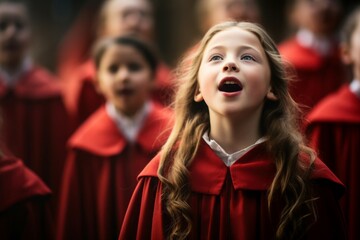 Singing choir child in red clothes. Voice class junior drama creativity. Generate Ai