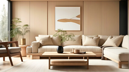 Warm and cosy living room interior design with frame mockup, beige sofa, coffee table, plant and natural light. 3d render illustration for design, template, artwork