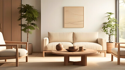 Modern living room interior design with frame mockup, beige sofa, coffee table, plant and natural light. 3D render illustration for design, template, artwork