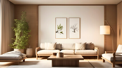 Minimalist Interior design of modern living room in earthy tones of the furniture and decor with frame mockup, cosy sofa, table, plant and natural light. Illustration for design, template, artwork