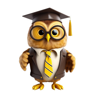 owl with graduation cap on white or transparent background. education and knowledge concept. cartoon character