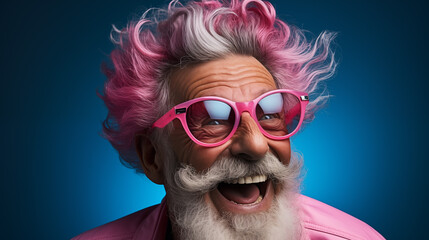 Funny senior man with colorful hair and sunglasses on blue background.