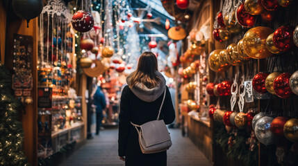 Back view of a woman shopping for Christmas decorations in an alley store full of colorful...
