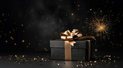 Black gift box on black background with ribbon bow and golden details for luxury present or black friday concept backdrop - Powered by Adobe