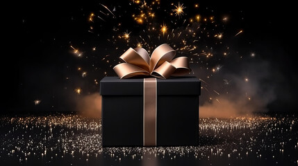 Black gift box on black background with ribbon bow and golden details for luxury present or black friday concept backdrop