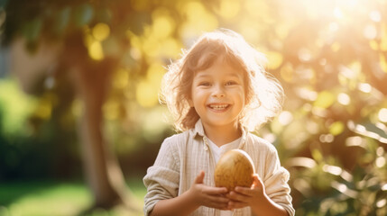 Happy child kid holding a easter egg in hands after picking it up in the garden