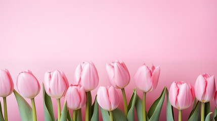 a row of pink tulips against a pink background