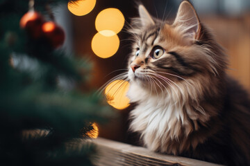 Maine Coon cat near a Christmas tree.