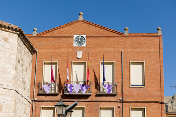 Peñafiel, Spain - October 12, 2023: details of the buildings of the historic center in the city of Peñafiel, Valladolid, Spain