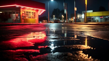 a wet street at night with a gas station in the background