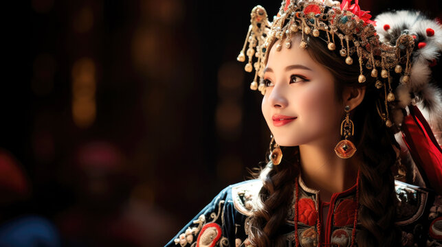 smiling Chinese girl with Chinese new year traditional clothing, lunar spring festival