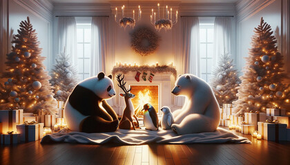 A group of cute friends chilling on a blanket by the fireplace in a Christmas decorated cozy room with windows,  illustration created using Ai generative tools.