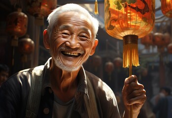 smiling Chinese old man with lanterns, lunar spring festival - obrazy, fototapety, plakaty