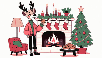 A cute anthropomorphic reindeer enjoying cookies in  Christmas decorated room with fireplace. Illustration created using Ai generative tools.