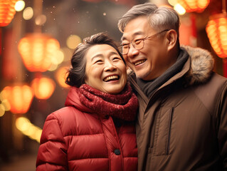 smiling Chinese old couple on lanterns background, lunar spring festival - obrazy, fototapety, plakaty