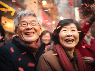 smiling Chinese old couple on the street background, lunar spring festival - obrazy, fototapety, plakaty