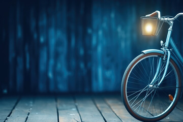 Blue bicycle with a basket and a lantern on a wooden floor against a bokeh background. Generated by...