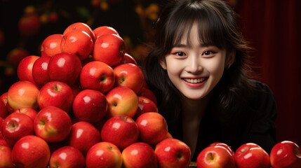 Fototapeta na wymiar smiling Chinese girl with apples, lunar spring festival