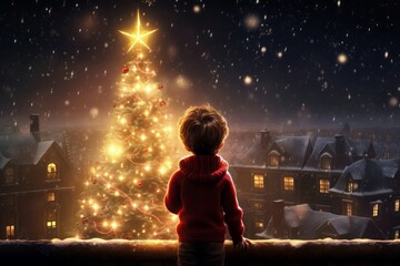 Christmas magic tree with little kid. Festive shining lights decoration outdoor fairytale. Generate...