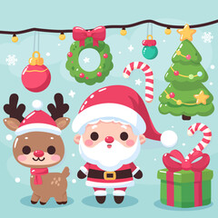 Christmas greeting card with cute Santa Claus, reindeer, and decorations. Holiday cartoon character vector.