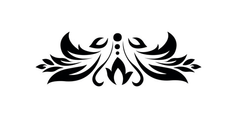 Abstract pattern, decorative element, clip art with stylized leaves, flowers and curls in black lines on white background. Central top ornament