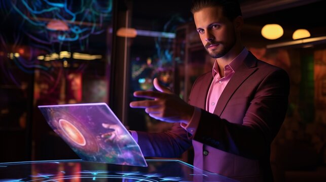 a man standing in front of a futuristic computer - Powered by Adobe