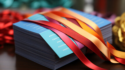 Festive business card with colorful ribbons