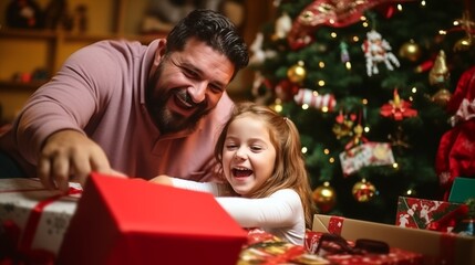 Father and daughter opening a Christmas present
