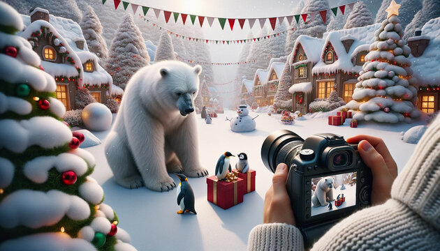 Photographers hands holding a camera and taking pictures of a big polar bear with playful penguins in Christmas decorated village, created using Ai generative tools. 