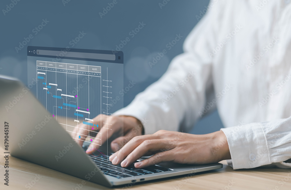 Poster businessman work update and workflow, schedule plan management shows a timeline Gantt chart in technology online. concept manage milestones, project planner software, appointment staff of business