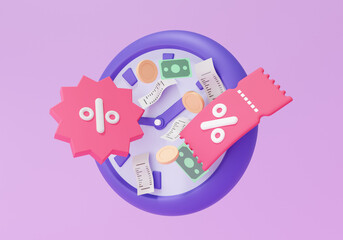 Promotion bill sale percentage marketing profitable voucher discount coupons tag excellent refund, Tag price icon symbol percent with time clock offer special shopping concept. 3d render illustration