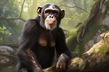 Schimpanse im Wald schaut in Kamera